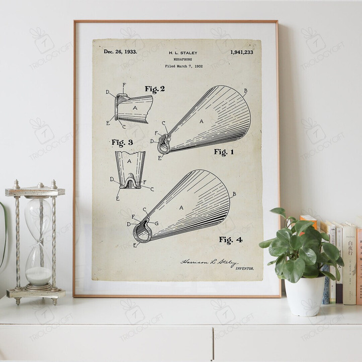 Megaphone Patent Drawing Print Digital Download, Vintage Art Patent Drawings Prints Store, Patents Wall Art Printable Poster Designs