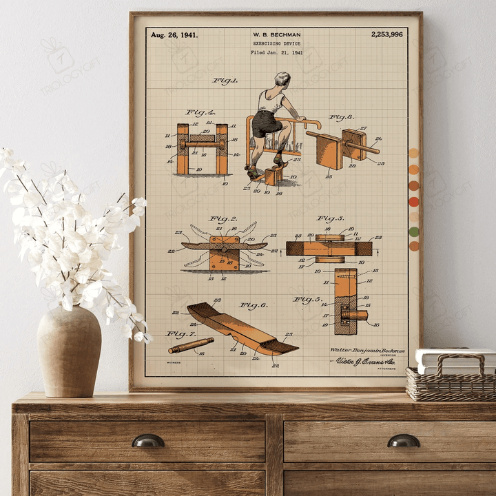 Exercise Device Patent Print, Minimalist Modern Contemporary Patent Print, Vintage Patent Wall Hanging Art Home Decor Set Framed Poster Gift