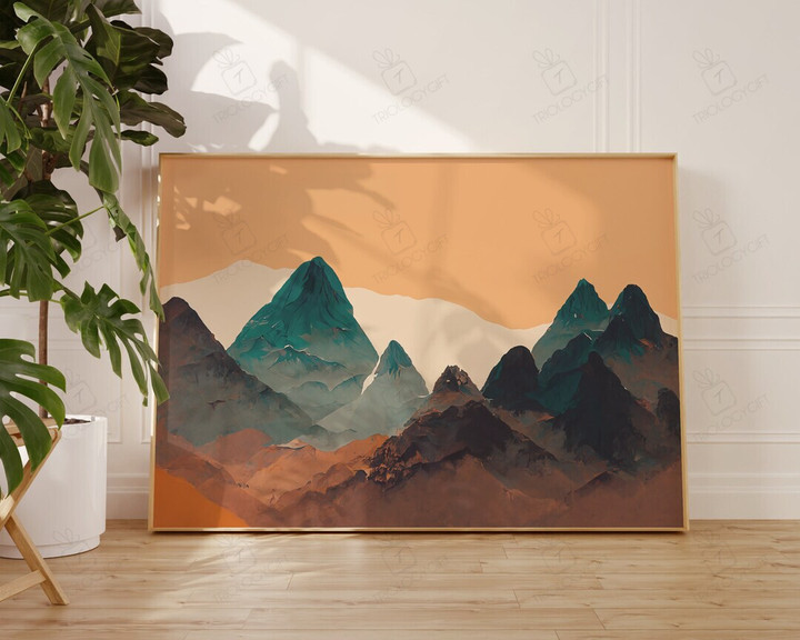 Modern Minimalist Art Print Mountains Landscape Silhouette Earth Tone Art Large Living Room Wall Art Decor Ready To Hang Framed Poster