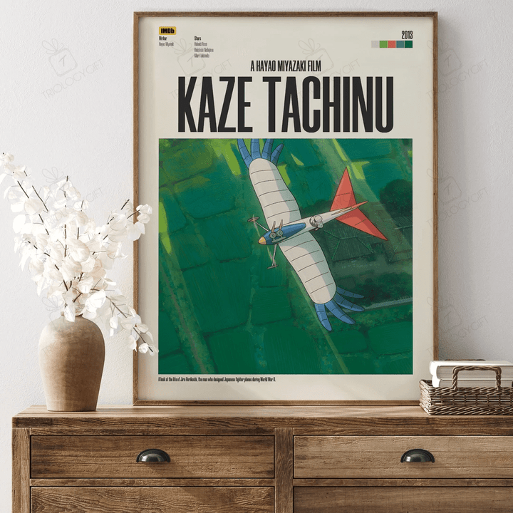 Kaze Tachinu Movie Poster Print, Modern Framed Hayao Miyazaki Ghibli Anime Posters, Vintage Wall Art Home Decor Japanese Film Poster