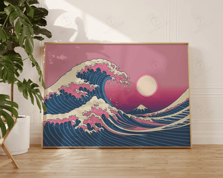 The Great Wave Off Kanagawa Art Retro Pink Vaporwave Japanese Art Print Large Living Room Wall Art Decor Ready To Hang Framed Poster