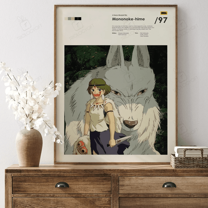 Mononoke-Hime Movie Poster Print, Modern Framed Hayao Miyazaki Ghibli Anime Posters, Vintage Wall Art Home Decor Japanese Film Poster