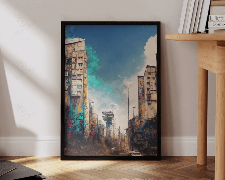 City With Graffiti Art Print Futuristic Apocalyptic City Architecture Art Large Living Room Wall Art Decor Ready To Hang Framed Poster