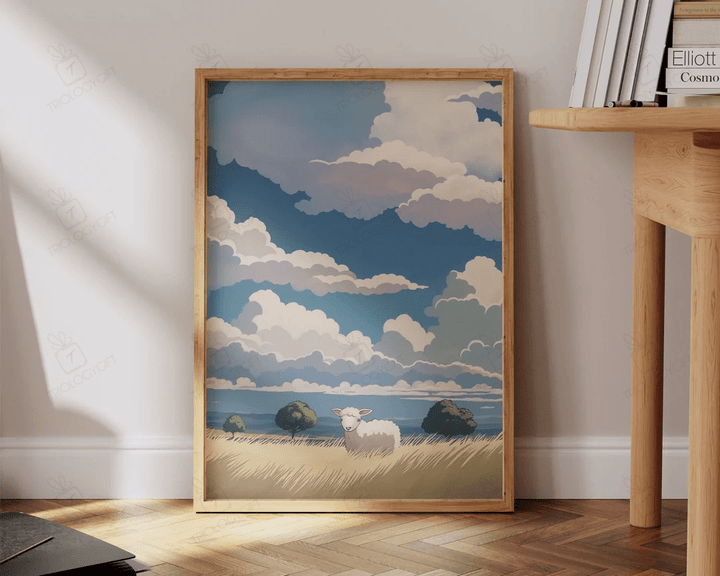 Anime Art Print Cute Sheep Whimsical Nature Landscape Clouds Art Print Large Nursery Bedroom Wall Art Ready To Hang Framed Poster