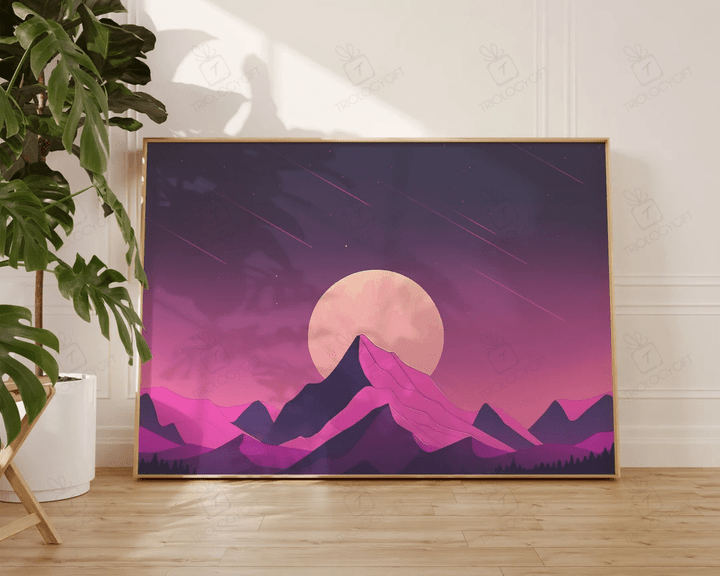 Retro Art Print Pink Purple Sun Minimalist Nature Mountain Landscape Art Large Above Couch Wall Art Decor Ready To Hang Framed Poster