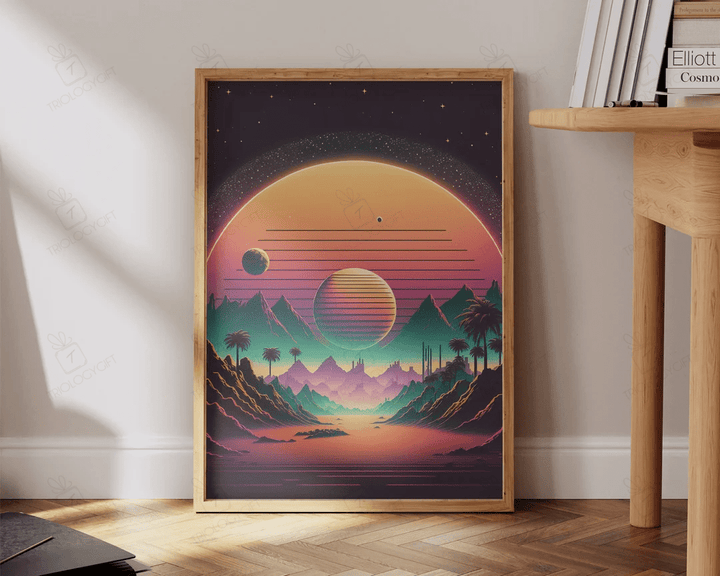 Retro Art Cyber Landscape Vintage Retro Wave Colorful Vibrant Art Print Large Living Room Wall Art Decor Ready To Hang Framed Poster
