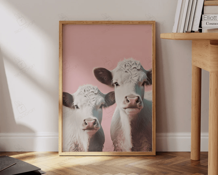 Cow Art Print Cute Light Pink Fluffy Cows Boho Farmhouse Art Large Bedroom Nursery Wall Art Decor Ready To Hang Framed Poster