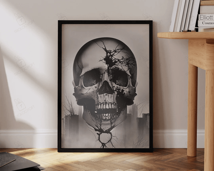 Skull Art Minimalist Modern Human Skull Black And White Art Print Large Living Room Wall Art Decor Ready To Hang Framed Poster
