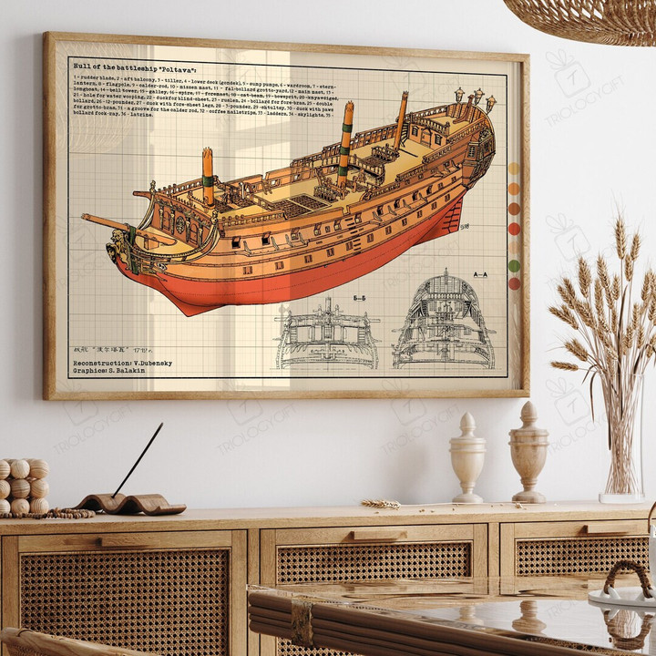 1712 Poltava Battleship Sailboat Poster, Minimalist Modern Framed Rustic Print, Vintage Retro Wall Art Hanging Home Decor Print Poster Gift