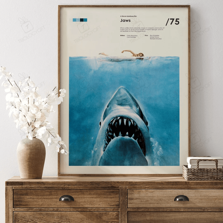 Jaws Shark Movie Poster Print, Modern Illustration Fan Art Film Posters, Vintage Retro Wall Art Home Decor Collectible Framed Poster Gift