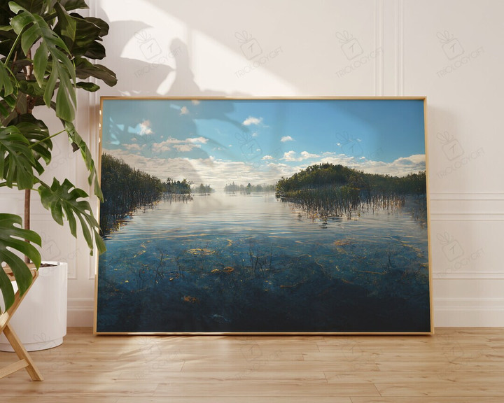 Nature Art Lake Landscape Relaxing Vintage Nature Art Print Large Above Couch Living Room Wall Art Decor Ready To Hang Framed Poster