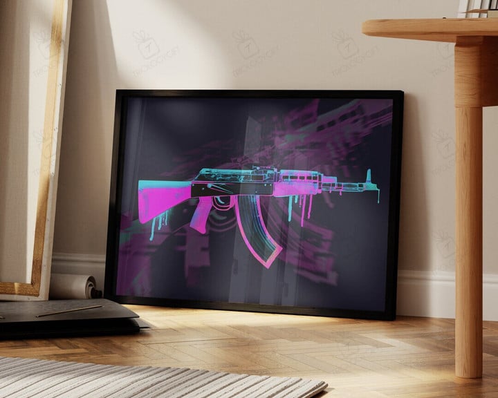 Cyberpunk Gun Print Sci Fi Ak 47 Rifle Vaporwave Neon Video Game Art Large Gaming Room Wall Art Decor Ready To Hang Framed Poster