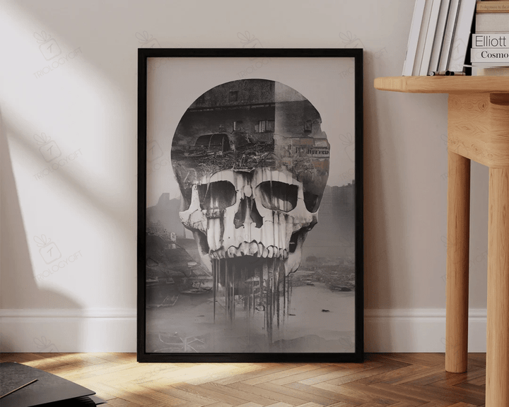 Skull Art Macabre Dark Post Apocalyptic Skull Modern Masculine Art Print Large Living Room Wall Art Decor Ready To Hang Framed Poster