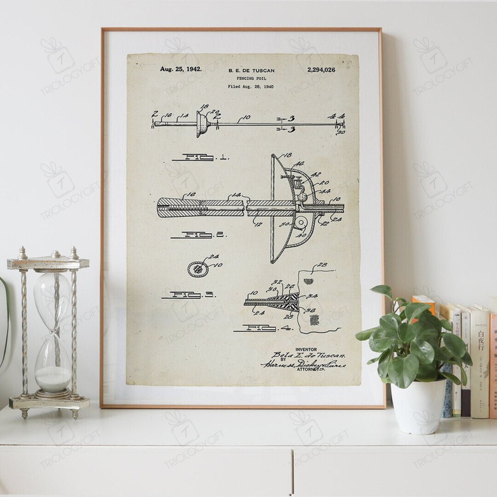 Fencing Foil Patent Drawing Print Digital Download, Vintage Art Patent Drawings Prints Store, Patents Wall Art Printable Poster Designs