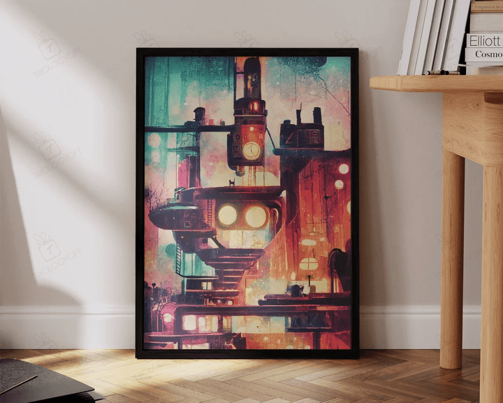 Cyberpunk Print Cat On A Roof Futuristic Sci Fi Industrial Steampunk Art Large Wall Art Gaming Room Decor Ready To Hang Framed Poster