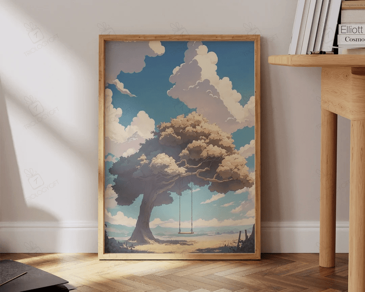 Anime Art Print Tree Relaxing Whimsical Clouds Aesthetic Art Print Large Bedroom Living Room Wall Art Ready To Hang Framed Poster