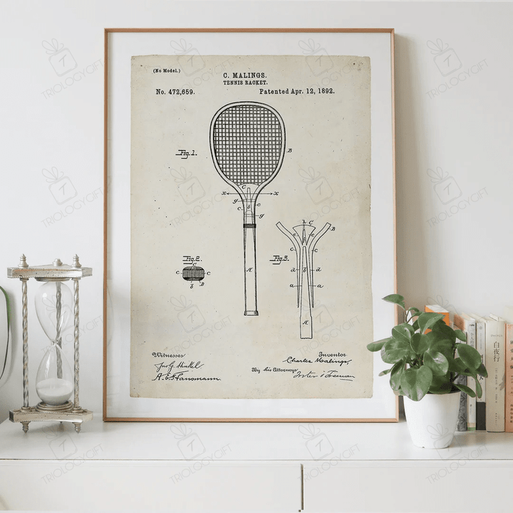 Tennis Racket Patent Drawing Print Digital Download, Vintage Art Patent Drawings Prints Store, Patents Wall Art Printable Poster Designs