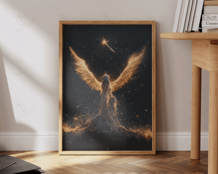 Ethereal Guardian Angel Starry Night Sky Modern Contemporary Art Print Large Living Room Wall Art Ready To Hang Framed Poster