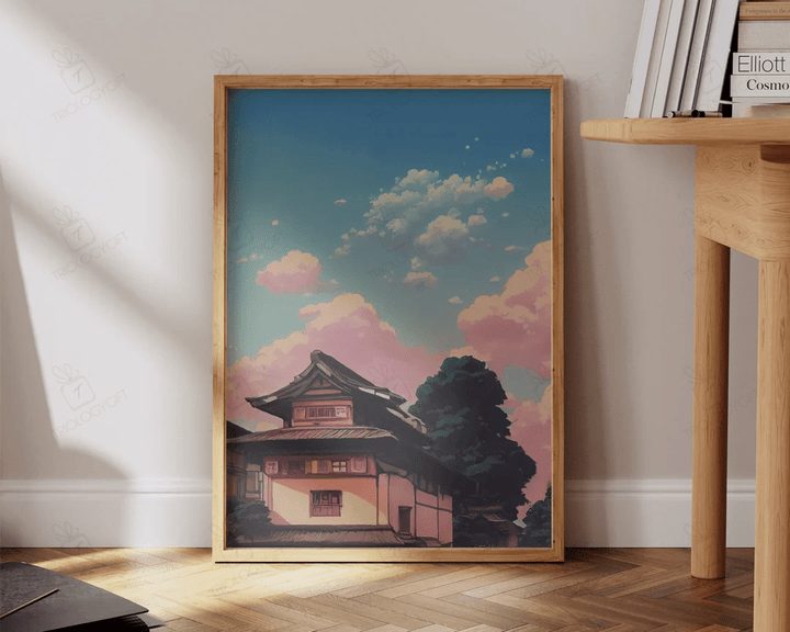 Anime Art Print Anime Sky Pink Clouds Japanese Street Aesthetic Art Large Bedroom Living Room Wall Art Ready To Hang Framed Poster