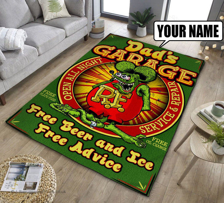 Personalized Garage Rat Fink Area Rug &#8211; Free Beer And Ice Free Advice Hot Rod Rug For Garage, Automotive Garage Rug