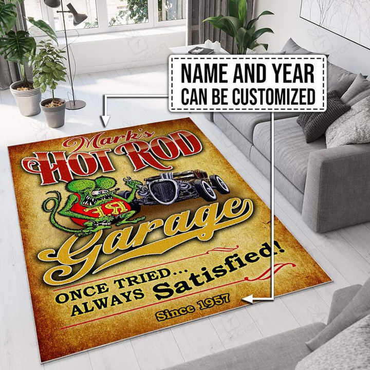 Personalized Name And Year Rat Fink Hot Rod Garage Rug Hot Rod Rug For Garage, Automotive Garage Rug