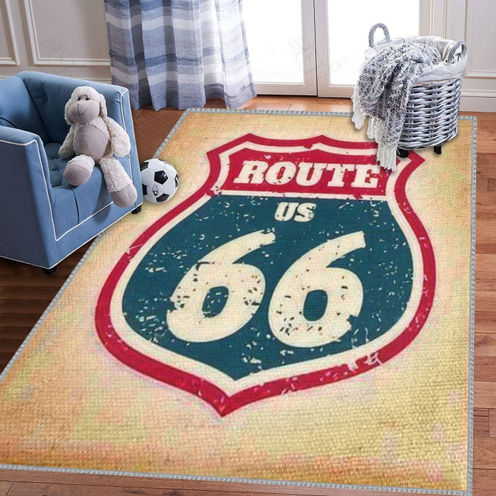 Kids Play Area Rugs Route 66 Highway Road Sign Grunge Typography 3D Carpet Hot Rod Rug For Garage, Automotive Garage Rug