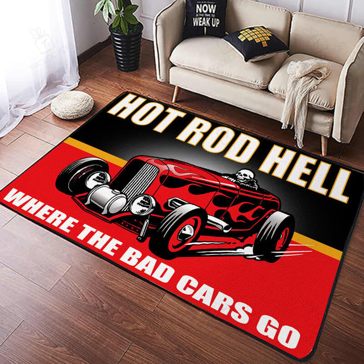 Hot Rod Hell Where The Bad Cars Go Rug Hot Rod Rug For Garage, Automotive Garage Rug