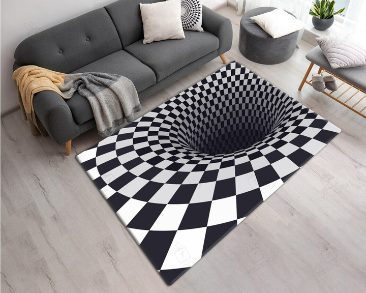 Black and White Checkered Trippy Optical Illusion Printed Area Rug Hot Rod Rug For Garage, Automotive Garage Rug