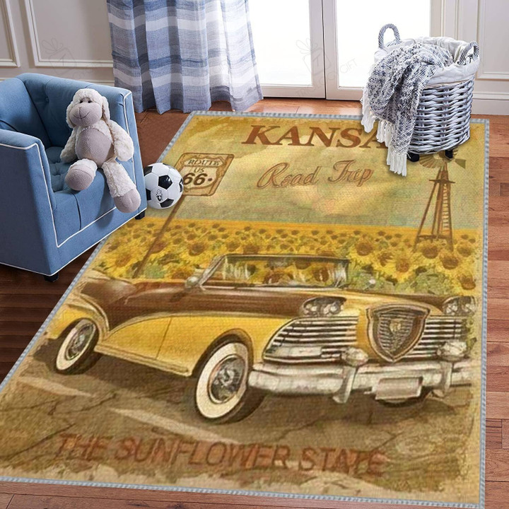 Kansas Road Trip The Sunflower State Route 66 Rug For Bedroom Playroom Nursery And Living Room Hot Rod Rug For Garage, Automotive Garage Rug
