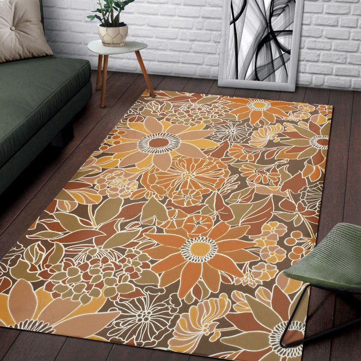 Floral 1970 Style Living Room, Bedroom With Orange And Brown Area Rugs Hot Rod Rug For Garage, Automotive Garage Rug