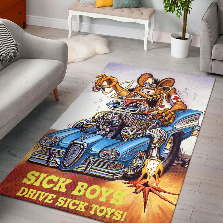 Rat Fink Sick Boys Drive Sick Toys Rug Hot Rod Rug For Garage, Automotive Garage Rug