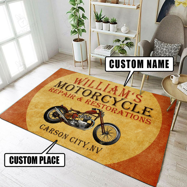 Personalized Motorcycle Repair And Restoration Rug Hot Rod Rug For Garage, Automotive Garage Rug