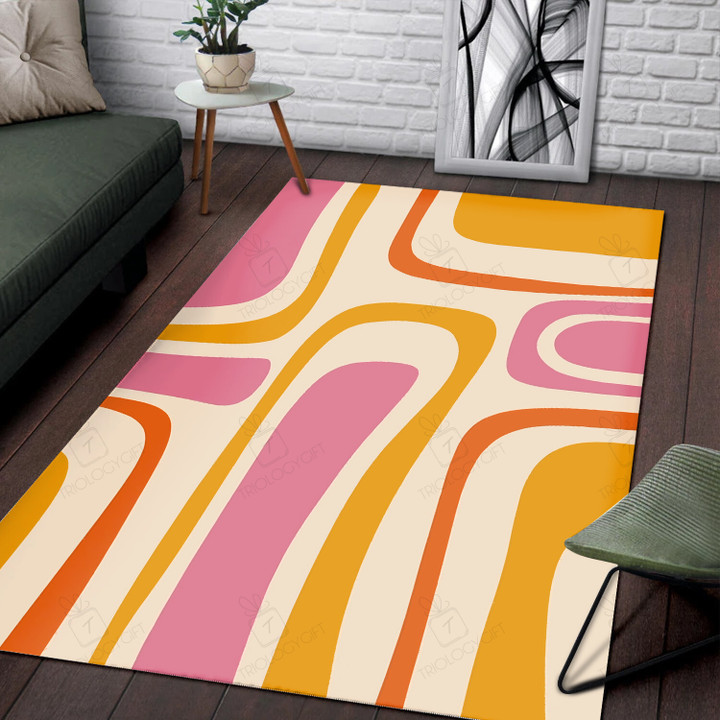 Palm Springs Retro Mid Century Modern Abstract Pattern In Thulian And Orange Tones Area Rug Hot Rod Rug For Garage, Automotive Garage Rug
