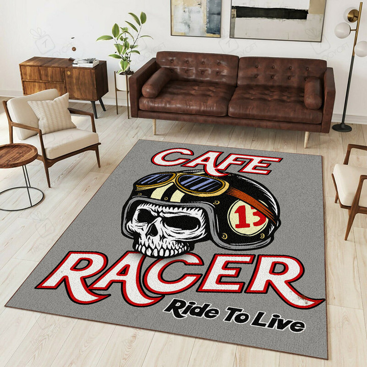 Cafe Skull Racer Ride To Live Motorcycle Rug Hot Rod Rug For Garage, Automotive Garage Rug