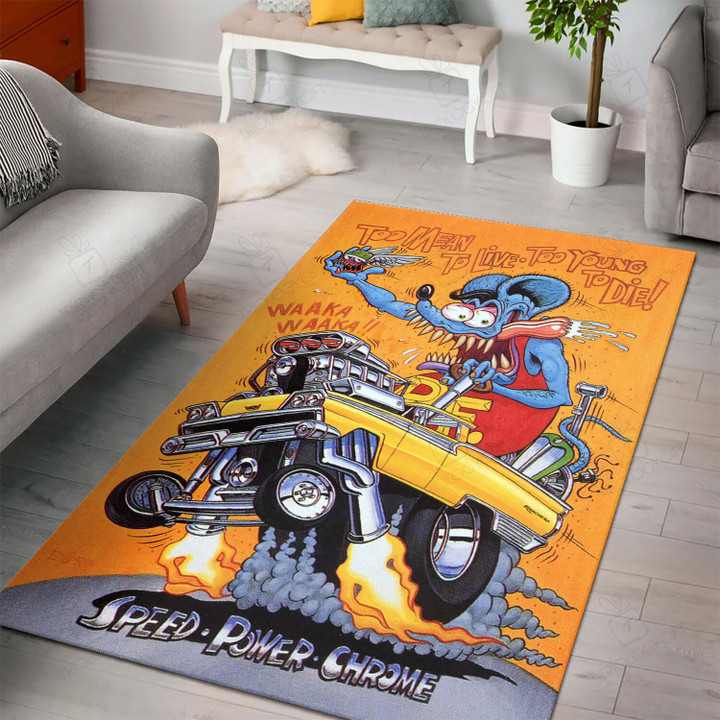 Rat Fink Too Mean To Live Too Young To Die Rug Hot Rod Rug For Garage, Automotive Garage Rug