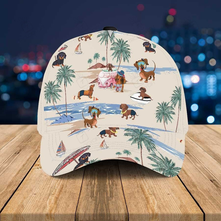 Dachshund Beach Summer Hawaiian Hats, Dachshund Button Beach 3D Baseball Cap