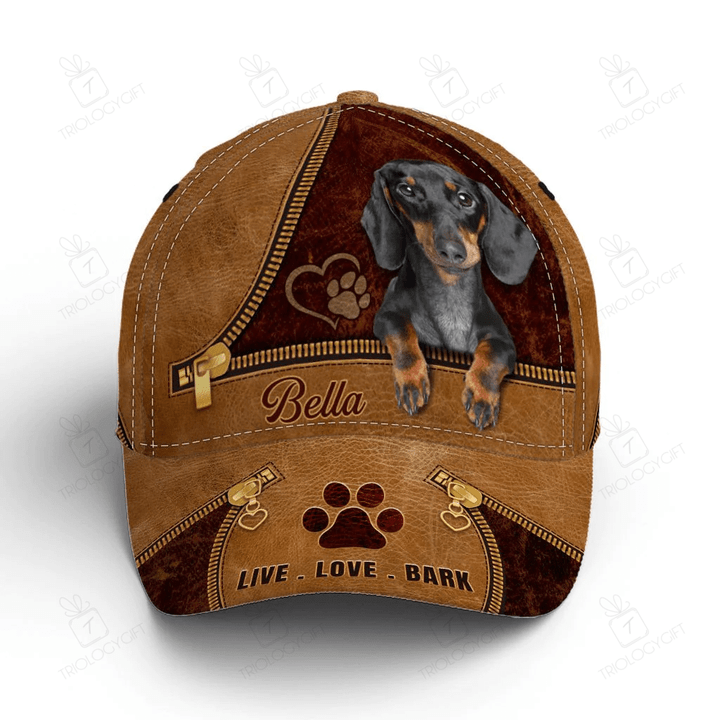 Dachshund Dog Leather Zipper Baseball Cap Classic Hat - Personalized Custom - Unisex Sports Adjustable Cap