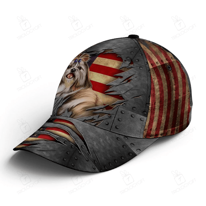 Shih Tzu Dog American USA Flag Crack Metal Baseball Cap All Over Print Classic Baseball Hat Unisex Sports One Size Adjustable Cap Fit Most