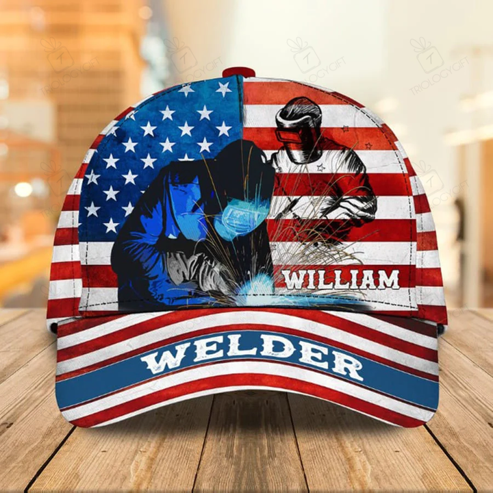 Personalized Welder 3D Baseball Cap for Dad, American Flag Welder Hat for Him