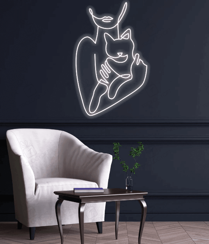 Woman Holding Cat Neon Sign, Cat Mom Led Sign, Floral Woman Neon Sign, Woman With Kitty Led Lights, Christmas Gifts, Cat Lovers Neon Sign