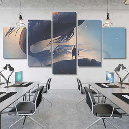 Giant Fish Floating Sky Above Man Fantasy Canvas Print Mutil Panel Canvas 3PIECE(48x24)