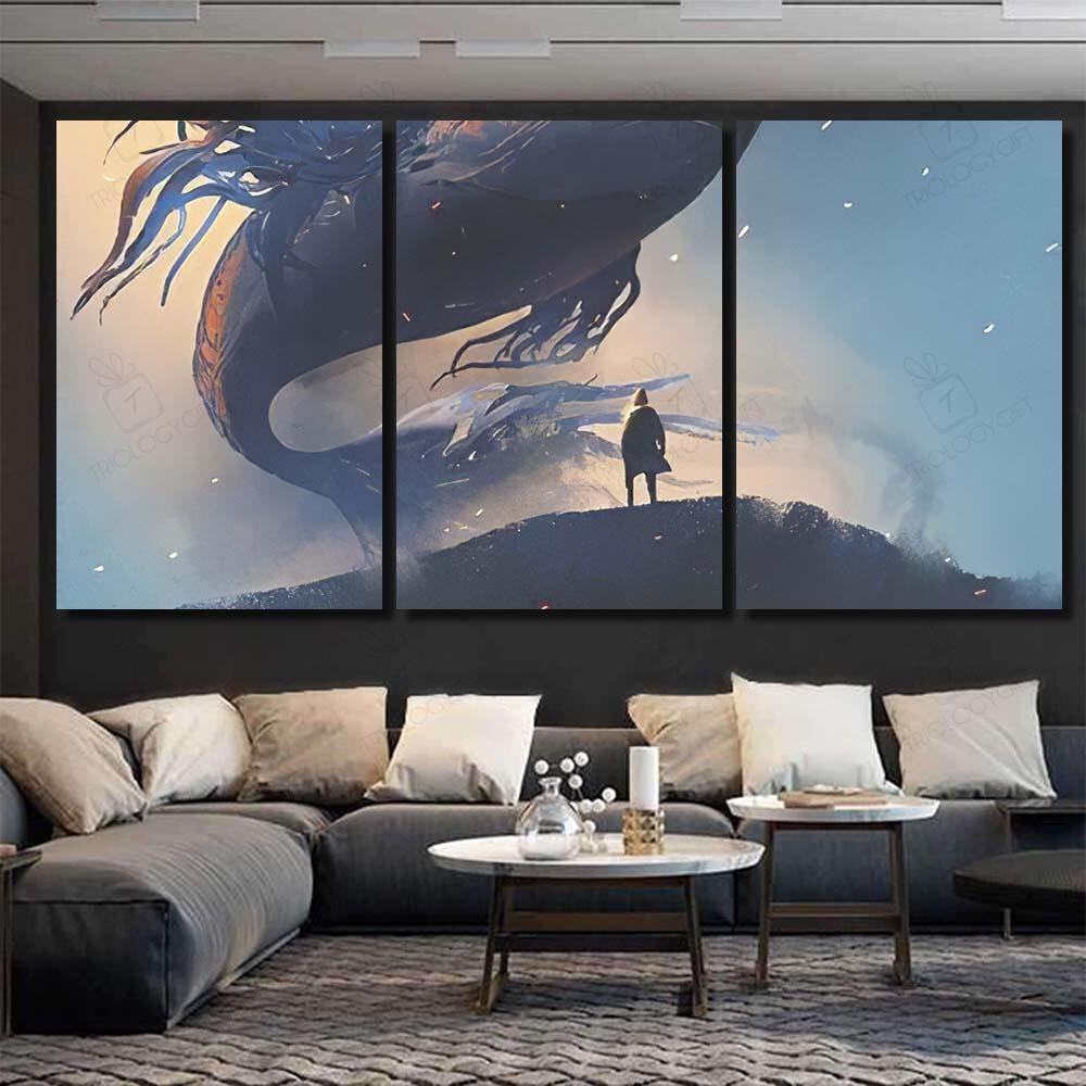 Giant Fish Floating Sky Above Man Fantasy Canvas Print Mutil Panel Canvas 3PIECE(36x18)