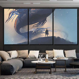 Giant Fish Floating Sky Above Man Fantasy Canvas Print Mutil Panel Canvas 3PIECE(36x18)