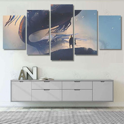 Giant Fish Floating Sky Above Man Fantasy Canvas Print Mutil Panel Canvas 5PIECE(60x36)