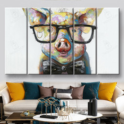 Hand Painted Pig with Eyeglasses Multi Panel Wall Art Mutil Panel Canvas 5PIECE(60x36)