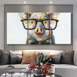 Hand Painted Pig with Eyeglasses Multi Panel Wall Art Mutil Panel Canvas 3PIECE(36x18)