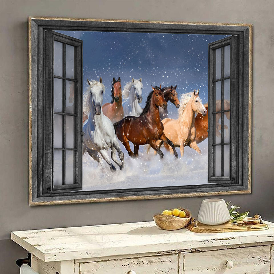 Horse 3D Window View Canvas Painting Decor Horse Runs On Snow Ha0495-Tnt Framed Prints, Canvas Paintings Wrapped Canvas 8x10