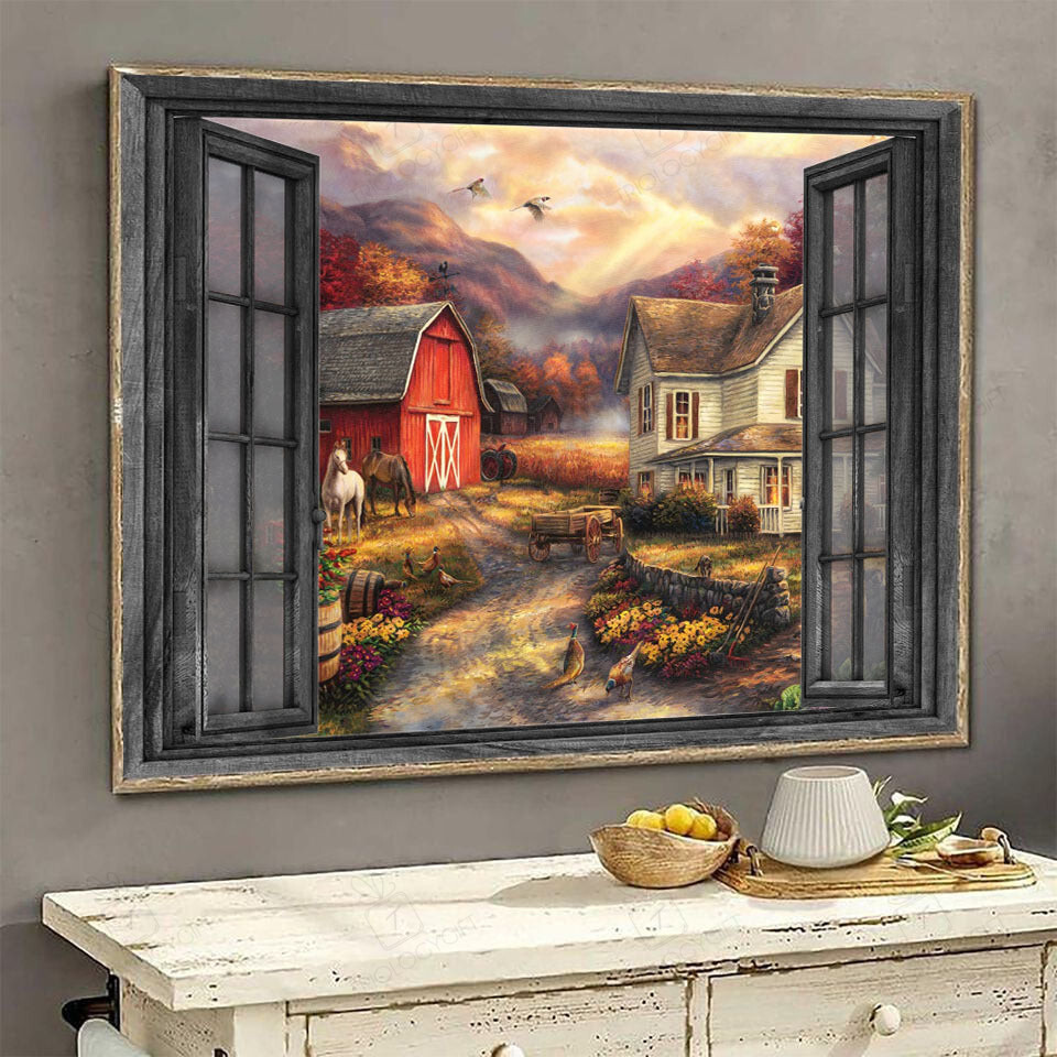 Horse Peacock 3D Window View Wall Arts Painting Prints Peaceful Farm Ha0528-Tnt Framed Prints, Canvas Paintings Wrapped Canvas 8x10