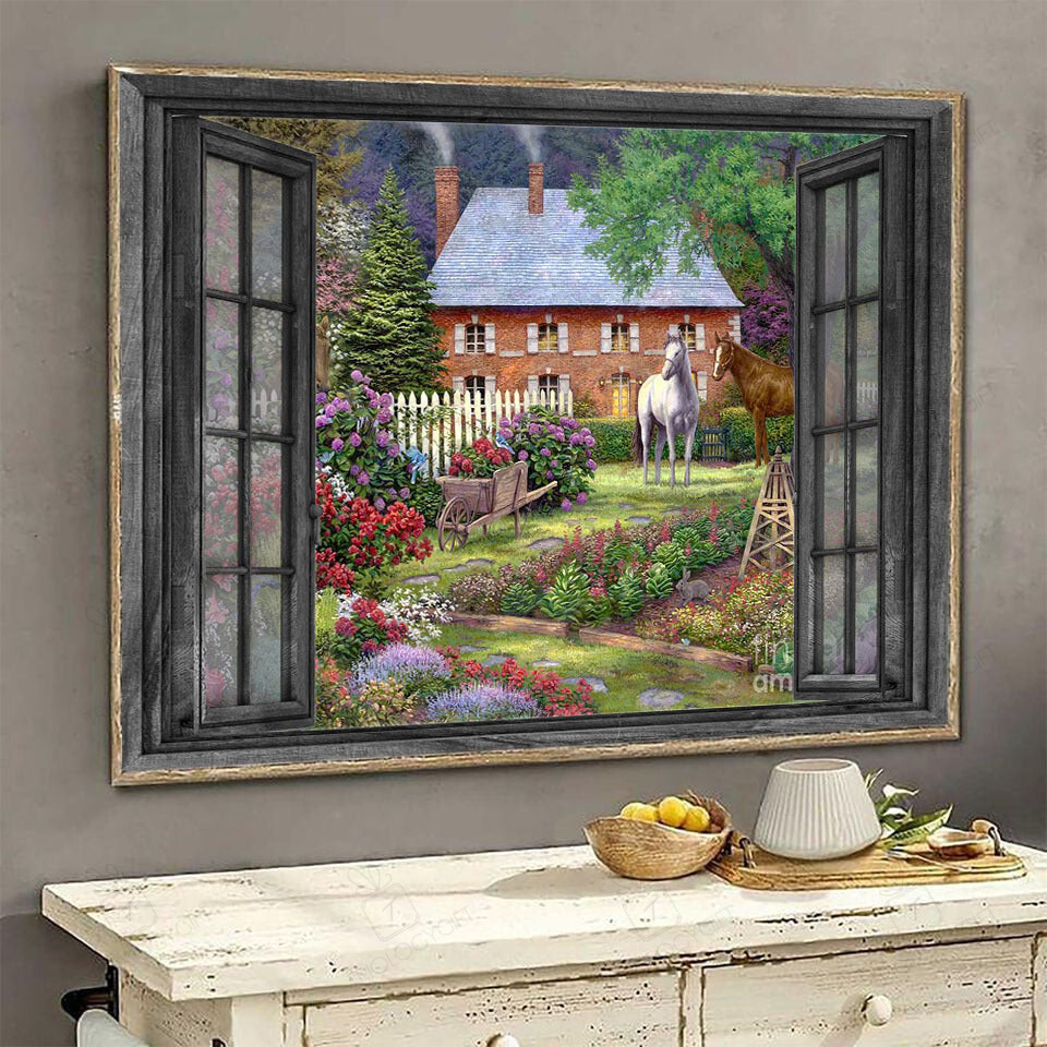 Horse Flowers 3D Window View Wall Arts Painting Prints Peaceful Farm Ha0530-Tnt Framed Prints, Canvas Paintings Wrapped Canvas 8x10