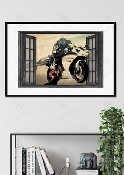 Motorcycle Riding Through Window For Garage Decor Motobike Retro Print Rider Framed Matte Canvas 20x30